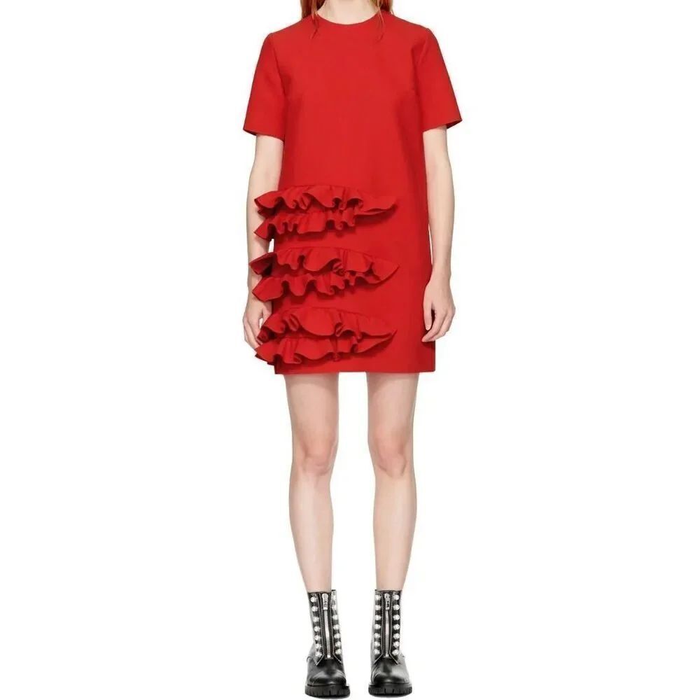 NWOT MSGM Red Short Sleeve Ruffle Detail Structured Dress Women's Size 42 8US